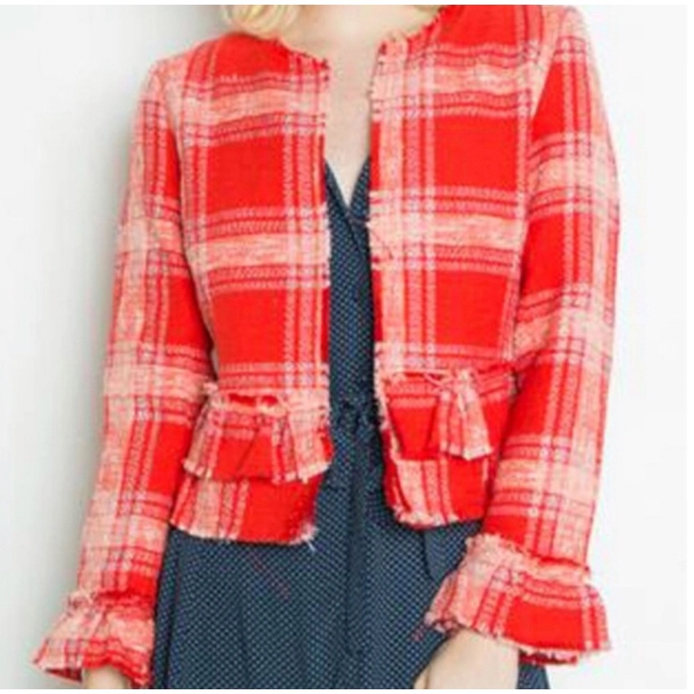 NEW Dex Boucle tweed plaid ruffle jacket blazer